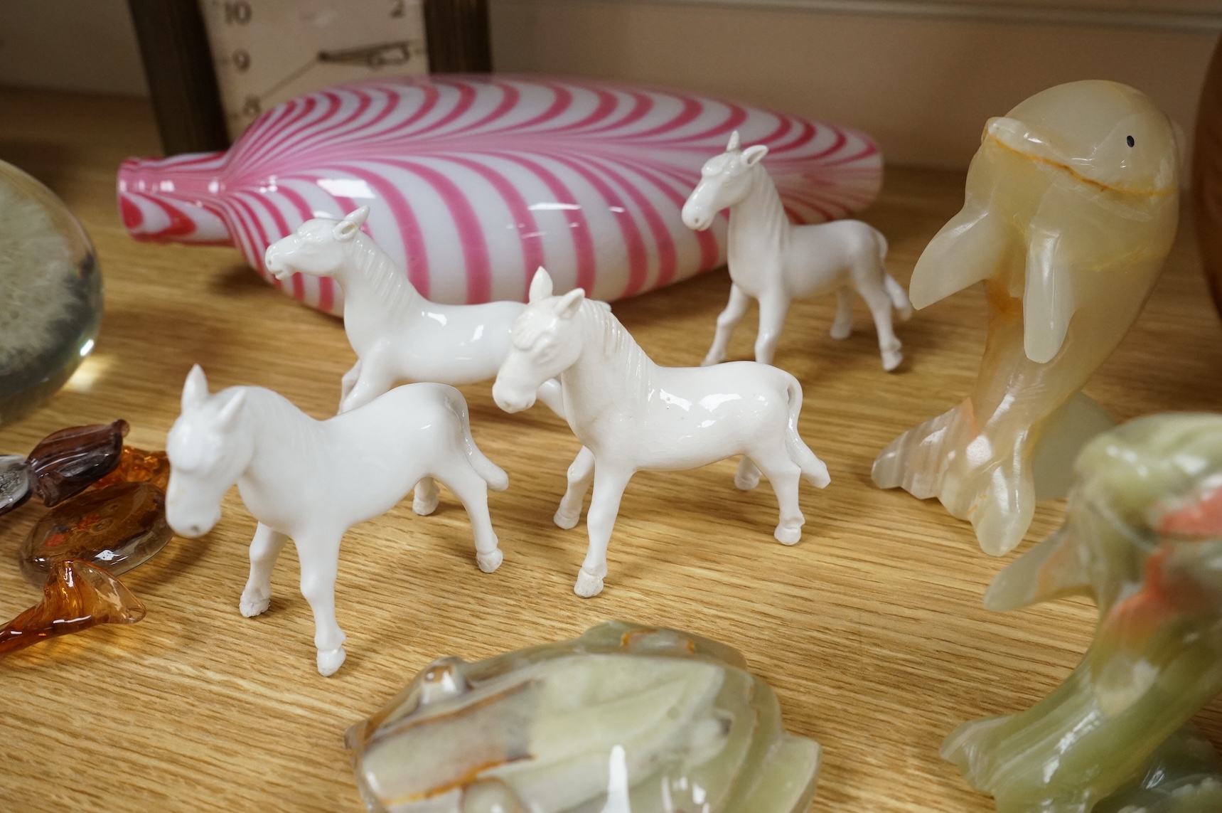 Sundry items and collectables to include a pair of glass vases, timepiece and Chinese figure